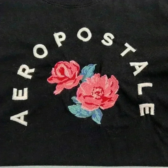 AEROPOSTALE BLACK EMROIDERED WOMENS TOP SHORT SLEEVE CLASSIC CREW‎ TSHIRT SIZE L - Picture 3 of 7